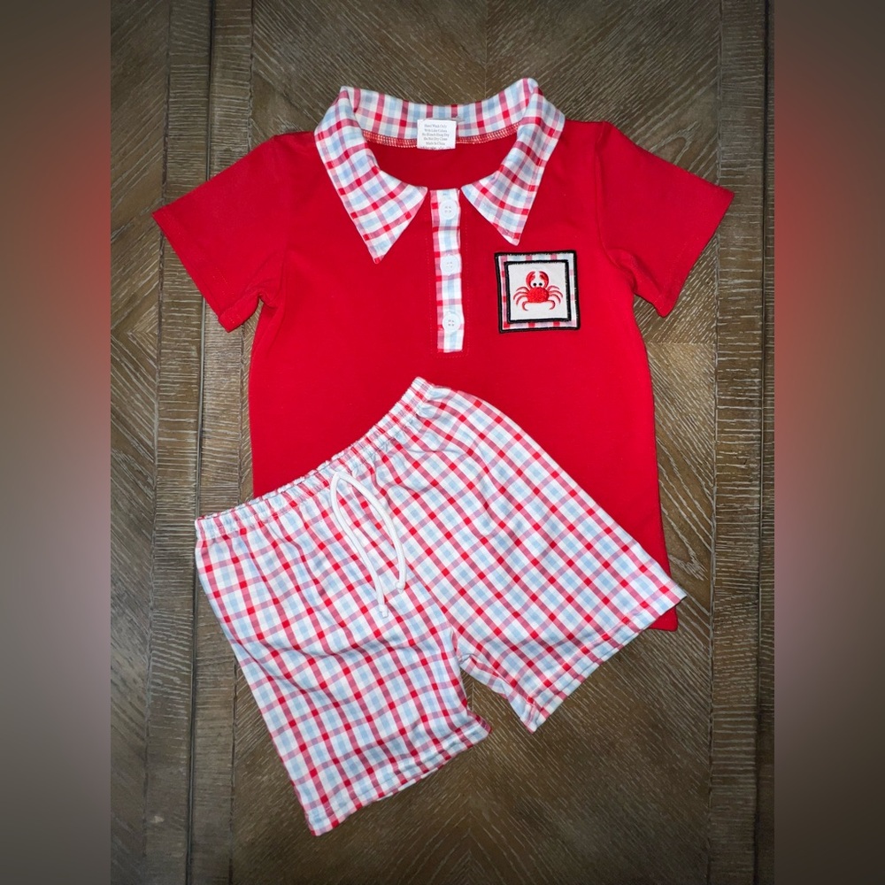 Toddler 5t-6t Red Embroidered Crab Polo plaid Shorts Set